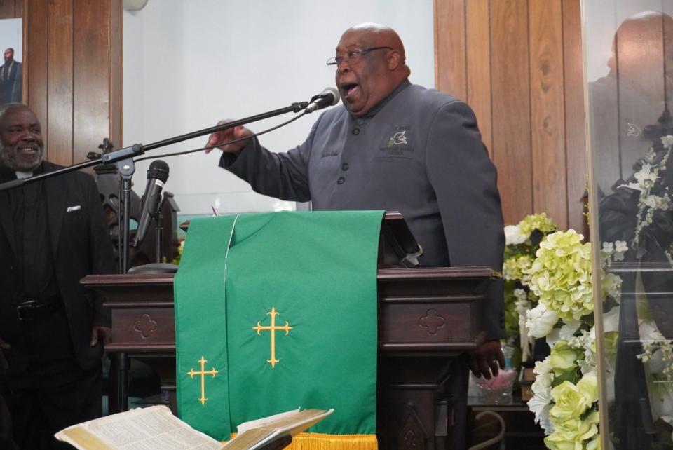 The Rev. Alvin L. Greene, pastor of St. Paul Baptist Church in Lake City, delivers the sermon Sunday during the "50 Men of Valor for the Kingdom" service at Mount Olive Primitive Baptist Church in NE Gainesville.
(Credit: Photo by Voleer Thomas, Correspondent)