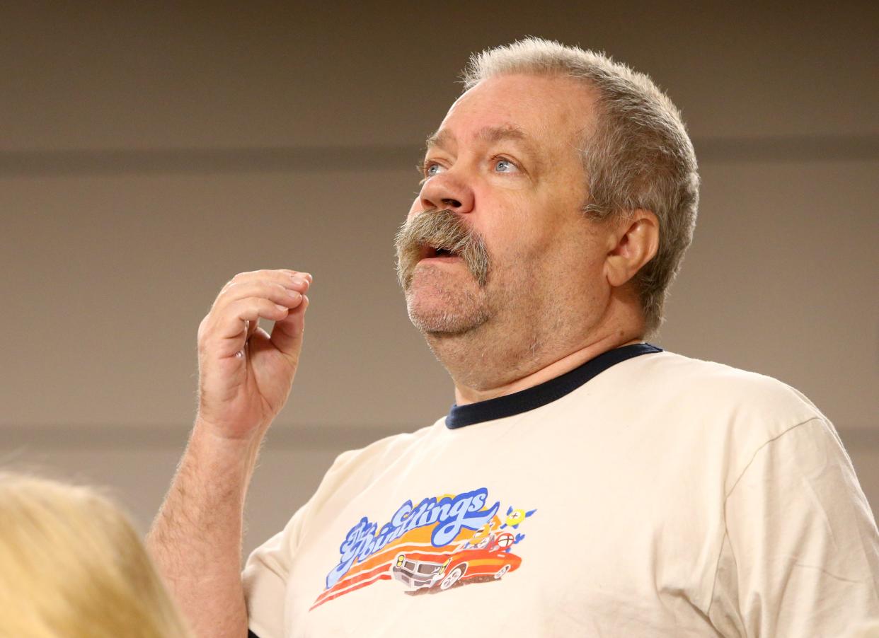 Mark Huffman, a resident for nearly 33 years at Portage Manor, gives a heartfelt speech on what the facility means to him Monday, March 6, 2023, at the Save Portage Manor town hall at the St. Joseph County Public Library sponsored by the local chapter of the NAACP.