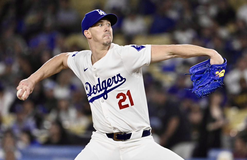 Los Angeles, CA - September 26:  Starting pitcher Walker Buehler #21 of  the Los Angeles Dodgers throws to the plate against the San Diego Padres in the first inning of a baseball game at Dodger Stadium in Los Angeles on Thursday, September 26, 2024.(Photo by Keith Birmingham/MediaNews Group/Pasadena Star-News via Getty Images)