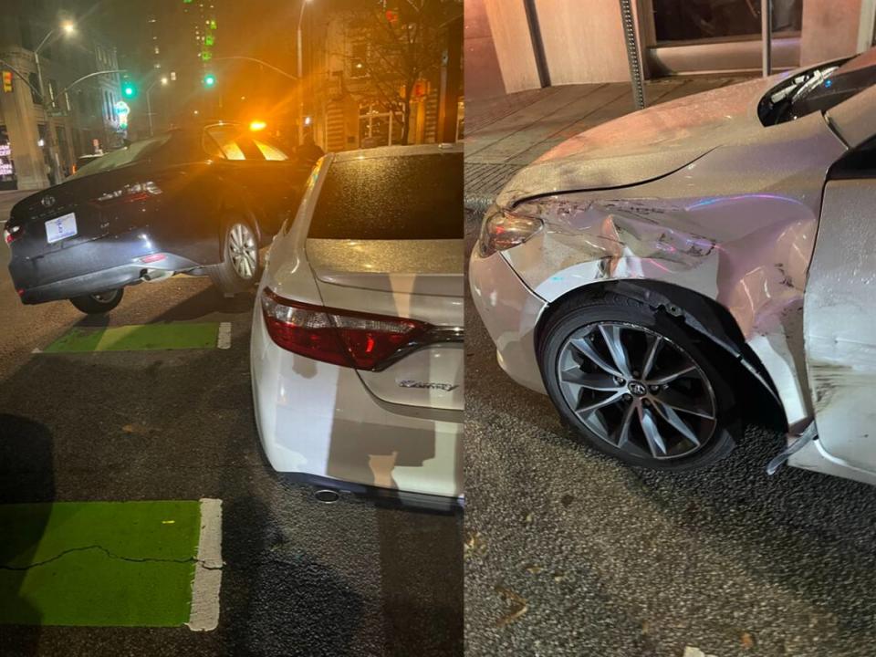 Photos from the aftermath of a crash involving North Carolina State Auditor Beth Wood show Wood’s black Toyota Camry slammed into, and partially resting on top of, a white Toyota Camry parked on the side of South Salisbury Street in Raleigh on the night of Dec. 8, 2022.