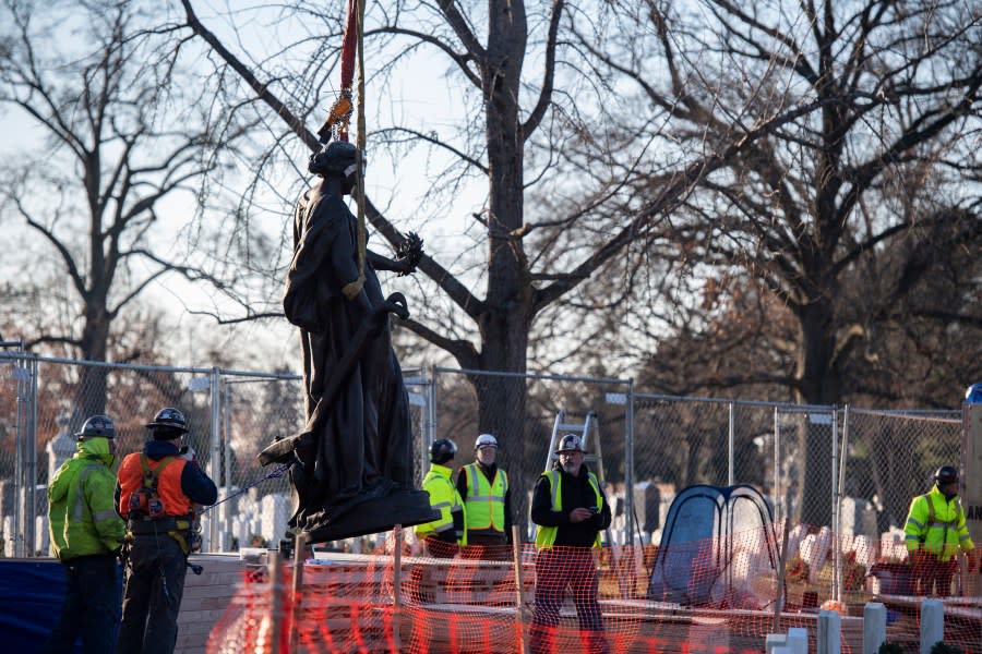 Work continues on the removal of the Confederate Memorial in Section 16 of Arlington National Cemetery, Arlington, Va., Dec. 20, 2023. (U.S. Army photo by Elizabeth Fraser / Arlington National Cemetery / released)