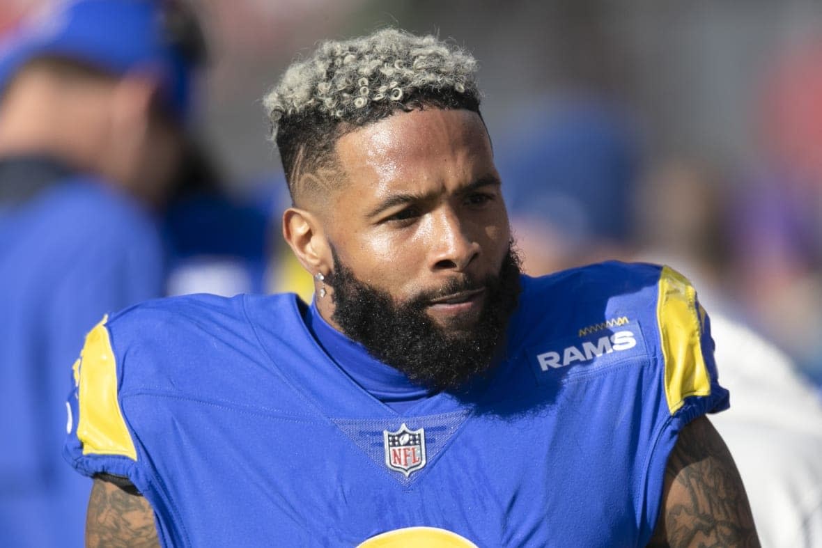 Los Angeles Rams wide receiver Odell Beckham Jr. walks on the sideline during a NFL divisional playoff football game against the Tampa Bay Buccaneers on Jan. 23, 2022, in Tampa, Fla. (AP Photo/Alex Menendez, File)