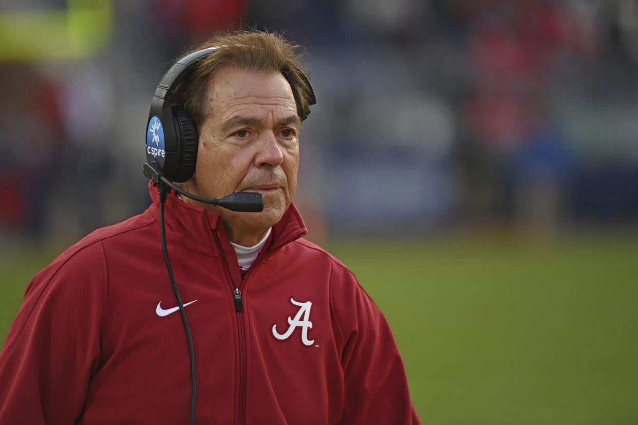 Alabama head coach Nick Saban walks along the sideline during the first half of an NCAA college football game between Mississippi and Alabama in Oxford, Miss., Saturday, Nov. 12, 2022. (AP Photo/Thomas Graning)