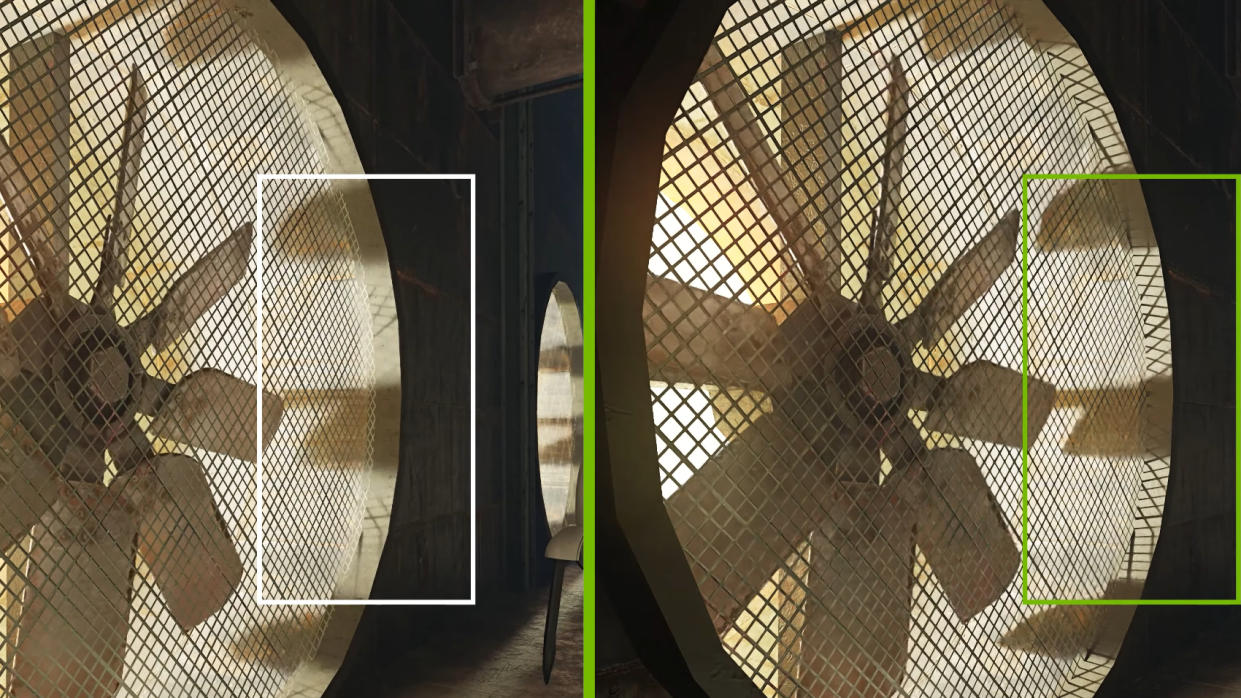  Nvidia's Ray Reconstruction in action, with a comparison shot showing the technology on and off. 