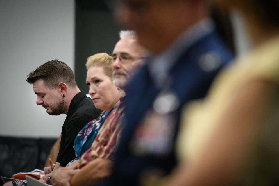 Levy Goodman, left, sheds tears during a building dedication honoring his sister, Senior Airman Ashton Lynn Marie Goodman, at Pope Army Airfield on Friday, June 21, 2024. Pope Army Airfield dedicated the Airman’s Center building in honor of Senior Airman Goodman, who served at Pope Air Force Base from 2006 until her death in 2009 while deployed to Afghanistan.