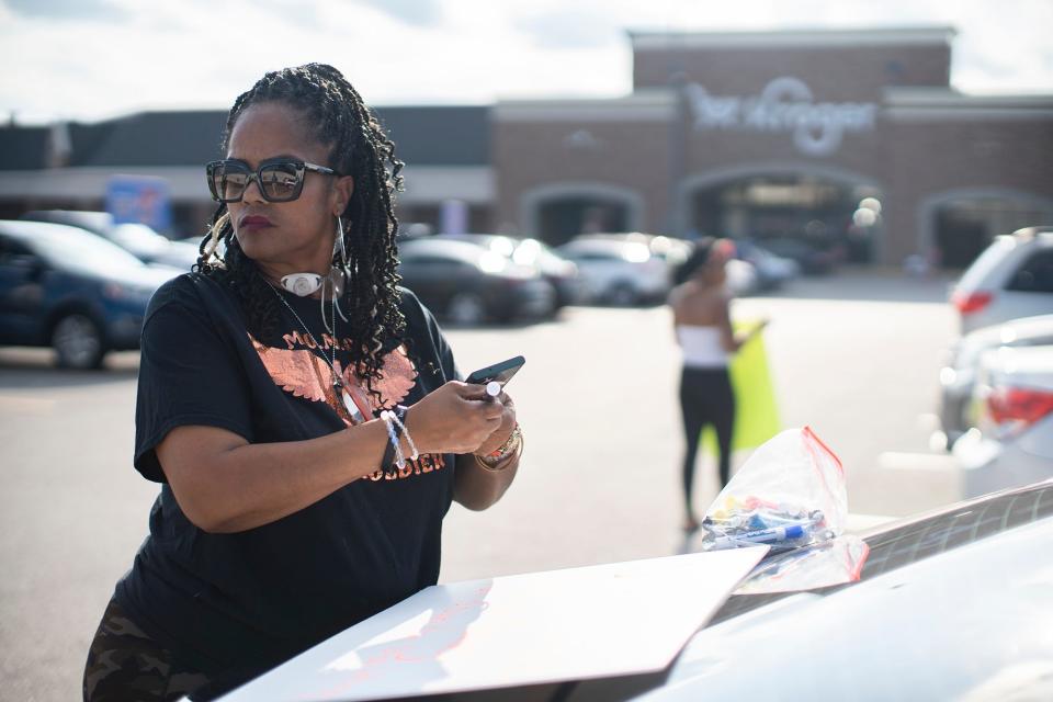 Aug 25, 2023; Columbus, OH, USA; Malissa Thomas-St. Clair, co-founder of Mothers of Murdered Columbus Children, came out to protest the shooting of 21-year-old Ta'Kiya Young, who was shot and killed by Blendon Twp. police outside the Sunbury Road Kroger on Thursday. Ta'Kiya was pregnant with a girl and due in November, according to family.