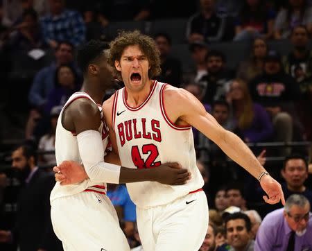 Feb 5, 2018; Sacramento, CA, USA; Chicago Bulls center Robin Lopez (42) reacts after receiving a technical during the second quarter against the Sacramento Kings at Golden 1 Center. Mandatory Credit: Kelley L Cox-USA TODAY Sports