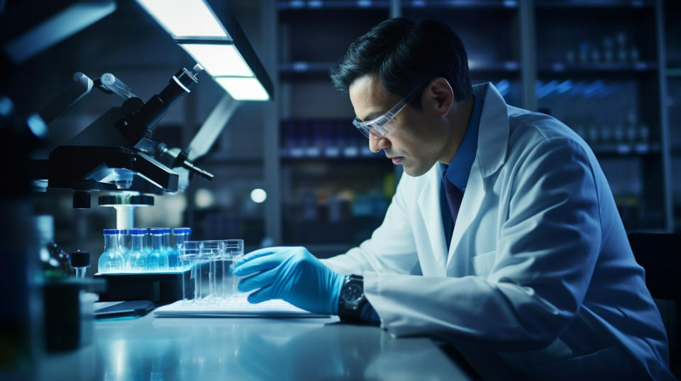 A doctor in a lab coat examining test results for a biopharmaceutical therapy.