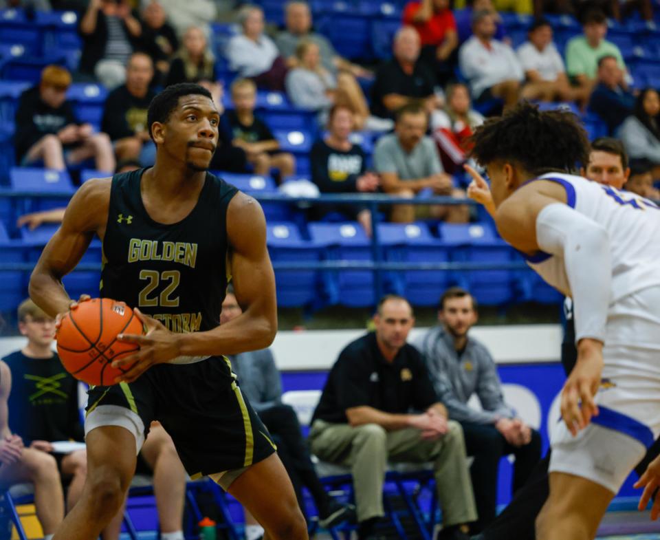 Amarillo’s Damonze Woods (22) looks for an open teammate during the team’s high school basketball game against Frenship on Tuesday, Nov. 16, 2021 in the Tiger Pit at Frenship High School in Wolfforth, Texas.