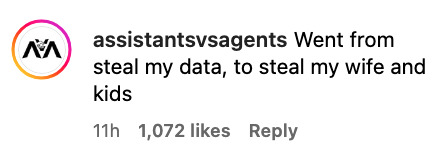 A social media comment reads, "Went from steal my data, to steal my wife and kids"