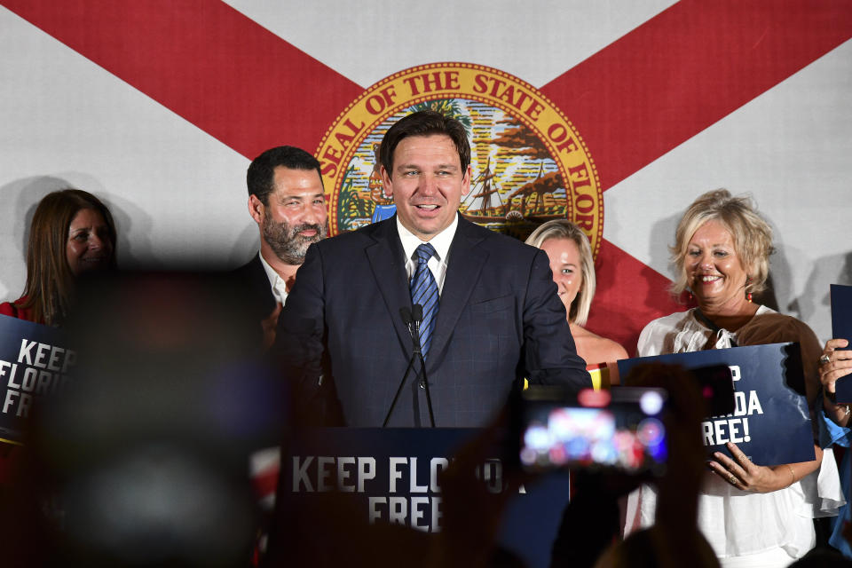 FILE - Republican gubernatorial incumbent Gov. Ron DeSantis, speaks to supporters Tuesday, Aug. 23, 2022, in Hialeah, Fla. DeSantis' effort to place candidates fully aligned with his conservative views on school boards throughout the state is helping him expand his influence. Of the 30 candidates endorsed by DeSantis in the Aug. 23 elections, 19 won, five lost and six are headed to runoffs. (AP Photo/Gaston De Cardenas, File)