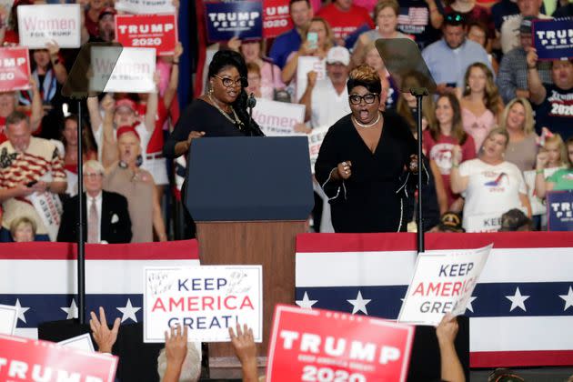Diamond (left) and Silk take the podium at a rally before Donald Trump speaks in Fayetteville, N.C., on Sept. 9, 2019. 