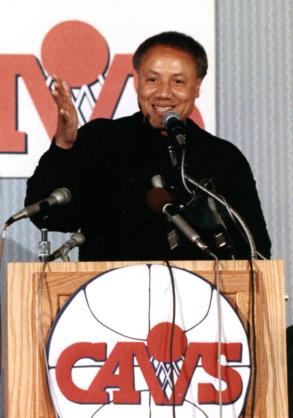 Cleveland Cavaliers coach Lenny Wilkens takes questions during a news conference on March 13, 1991, in Richfield, Ohio, after renegotiating his contract to stay with the team.