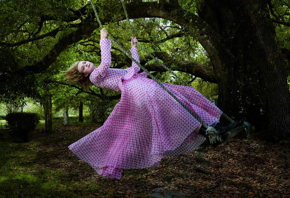 Fanning, who has been acting since she was two, regards moviemaking as the easy part of growing up. It’s real life that can feel tricky. Loewe jacket and skirt. Manolo Blahnik boots.