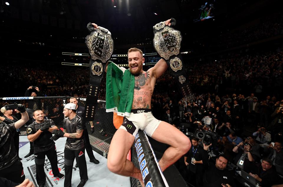 <p>Conor McGregor of Ireland celebrates his KO victory over Eddie Alvarez of the United States in their lightweight championship bout during the UFC 205 event at Madison Square Garden on November 12, 2016 in New York City. (Photo by Jeff Bottari/Zuffa LLC/Zuffa LLC via Getty Images) </p>