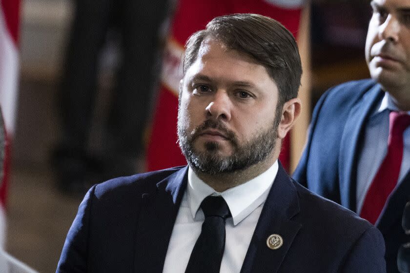 Rep. Ruben Gallego, D-Ariz., is seen in the U.S. Capitol, July 14, 2022, in Washington. Gallego says he'll challenge independent U.S. Sen. Kyrsten Sinema of Arizona in 2024. Monday's announcement makes Gallego the first candidate to jump into the race in the battleground state and sets up a potential three-way contest. No Republican has currently announced a run. (Tom Williams/Pool photo via AP, File)