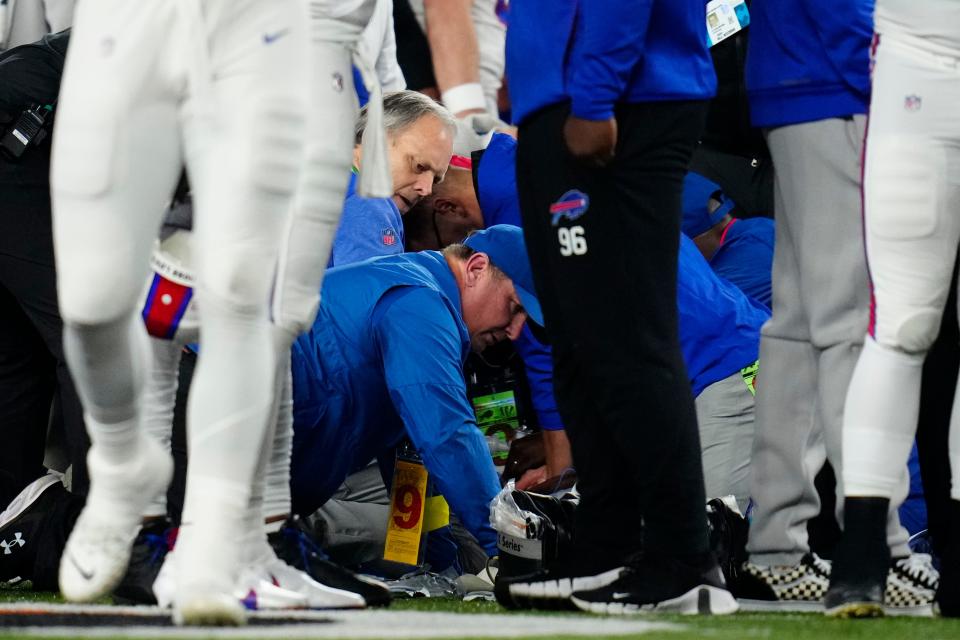 Team medical staff performed life saving efforts on Buffalo Bills safety Damar Hamlin after he collapsed on the field following a tackle during a game between the Cincinnati Bengals and Bills at Paycor Stadium on Monday.