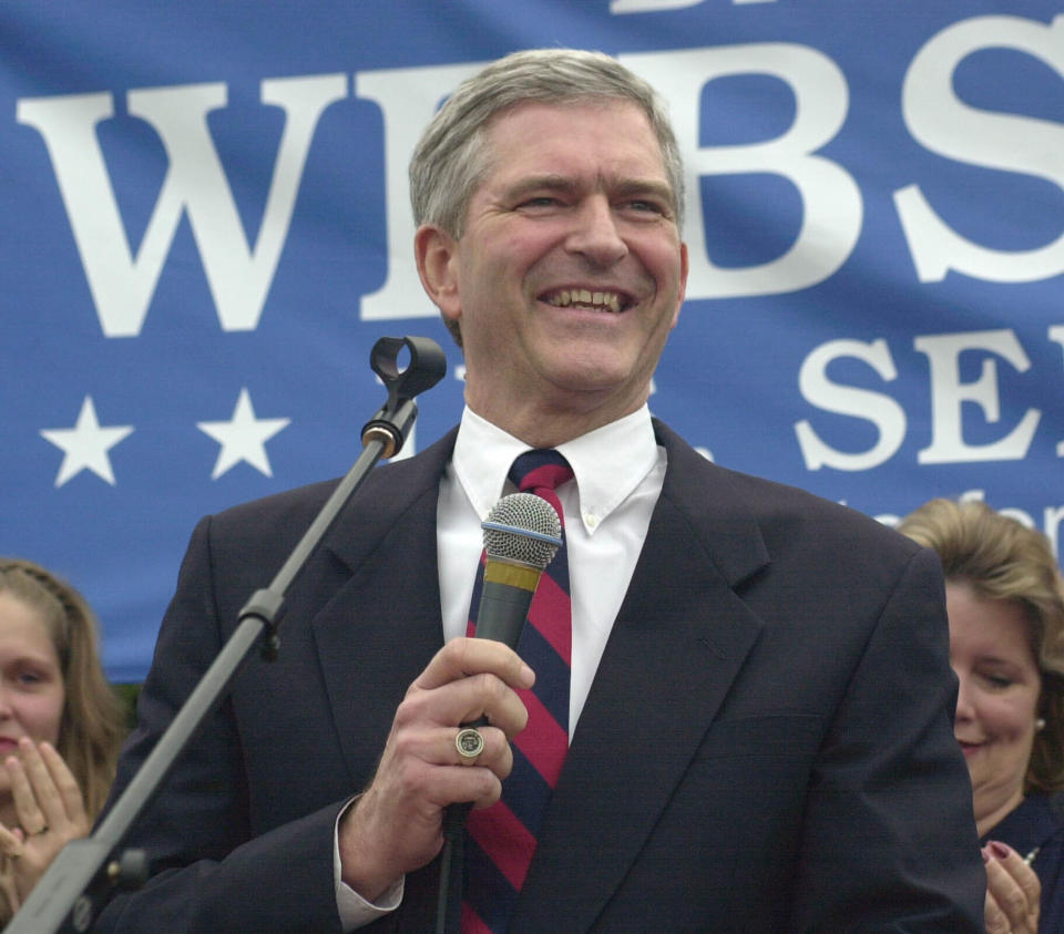 FILE - Florida State Sen. Dan Webster announces his entry into the U.S. Senate race in Orlando, Fla., Wednesday, Aug. 20, 2003. Nationally known far-right activist Laura Loomer, who's been banned by several social media platforms because of anti-Muslim and other remarks, is challenging the incumbent Webster, who has served central Florida districts since 2011, for the District 11 seat. (AP Photo/Peter Cosgrove, File)