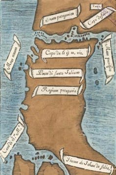 <span class="caption">The first map of Straits of Magellan from around 1520.</span> <span class="attribution"><a class="link " href="https://commons.wikimedia.org/wiki/File:Antonio_Pigafetta_Magellanstrasse_1520.jpg" rel="nofollow noopener" target="_blank" data-ylk="slk:Antonio Pigafetta via Wikimedia Commons.;elm:context_link;itc:0;sec:content-canvas">Antonio Pigafetta via Wikimedia Commons.</a></span>