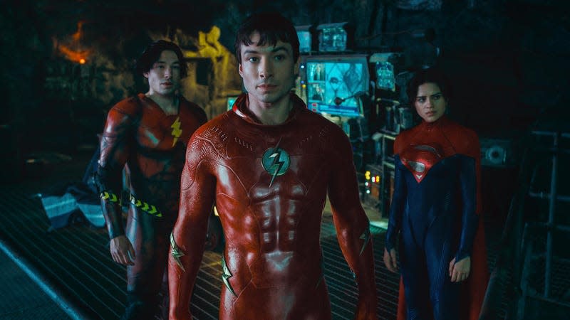 Ezra Miller (times 2) and Sasha Calle in The Flash.