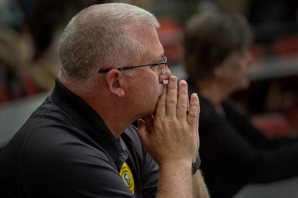 Canton Police Chief Scott Sluder listens during a meeting about the paper mill closure at Haywood Community College in Waynesville March 10, 2023. Sluder said he was encouraged by the opportunities discussed at the meeting. “We’re gonna take care of our people,” he said.
