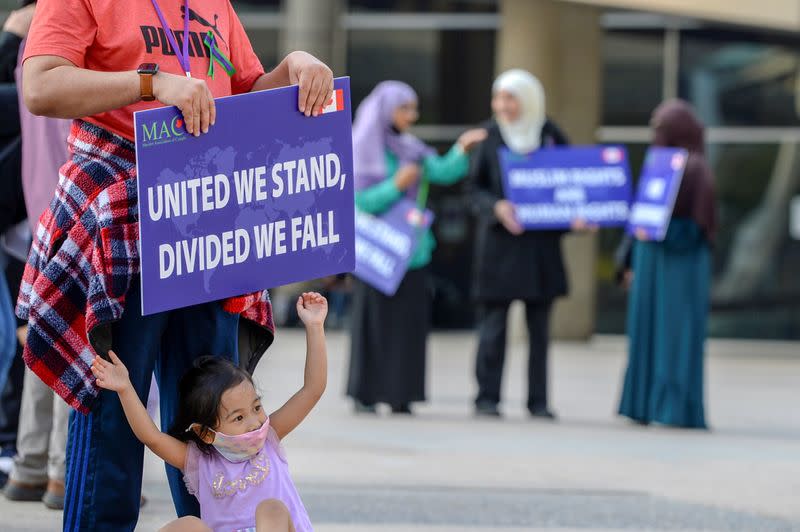 FILE PHOTO: People attend a rally to highlight Islamophobia in Toronto