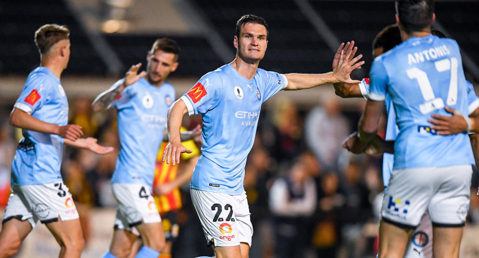 Melbourne City players celebrate a goal during their Australia Cup quarter-final win over MetroStars FC. Pic: Getty