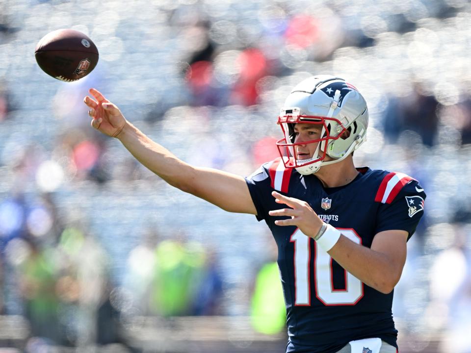 Sep 15, 2024; Foxborough, Massachusetts, USA; New England Patriots quarterback Drake Maye (10) throws the ball before a game against the Seattle Seahawks Gillette Stadium. Mandatory Credit: Brian Fluharty-Imagn Images