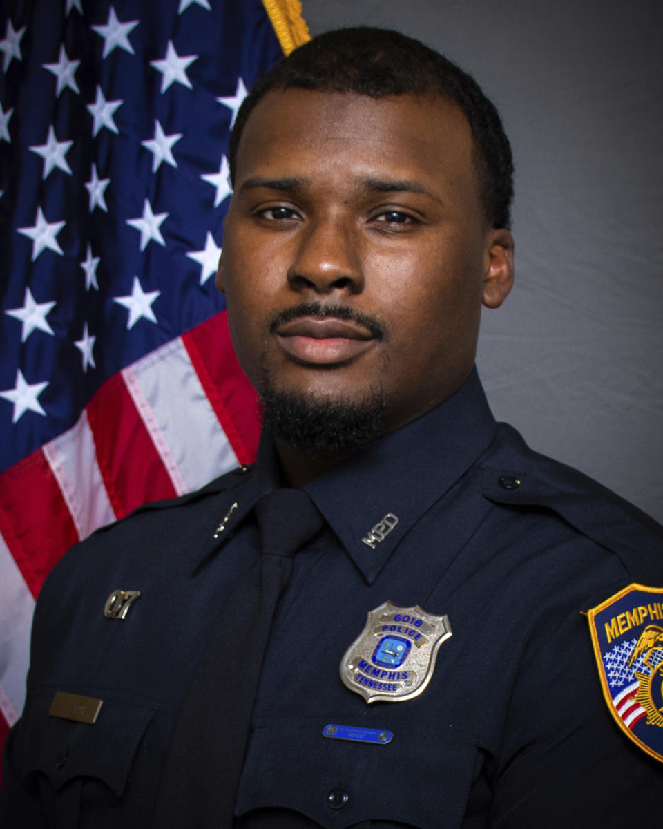 This image provided by the Memphis Police Department shows officer Justin Smith. Memphis is city on edge ahead of the possible release of video footage of a Black man’s violent arrest that has led to three separate law enforcement investigations and the firings of five police officers after he died in a hospital. Relatives of Tyre Nichols are scheduled to meet with city officials Monday, Jan. 23, 2023 to view video footage of his Jan. 7 arrest. (Memphis Police Department via AP)