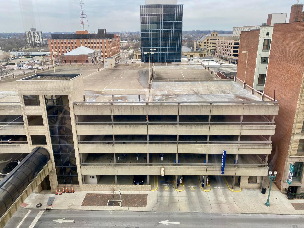 The parking garage, which is connected to Huntington Plaza by a walkway.