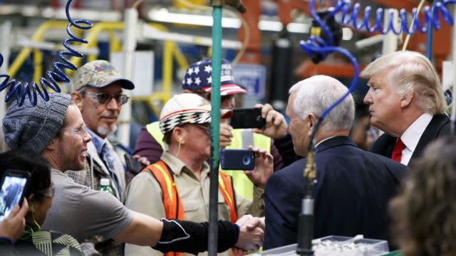 Trump talking to workers at the Carrier plant in Indianapolis.
