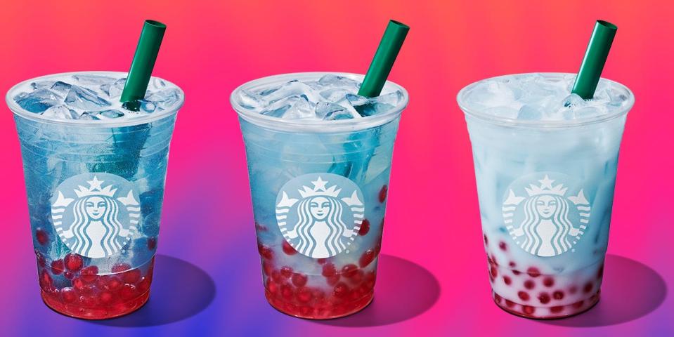 The summer berry Refreshers range at Starbucks, showing three iced drinks lined up against a colorful background