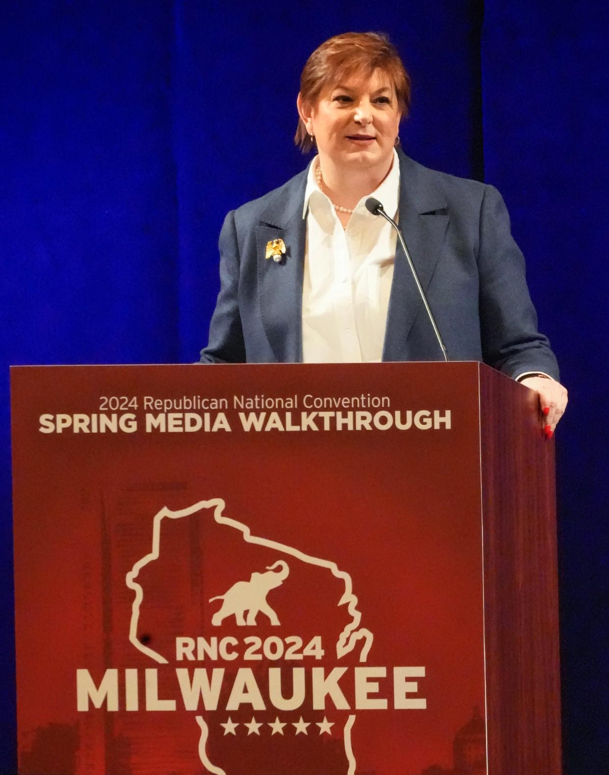 Chairwoman Anne Hathaway seen during the Spring Media Walkthrough hosted by the Republican National Convention Monday, April 8, 2024, at Miller High Life Theatre in Milwaukee.