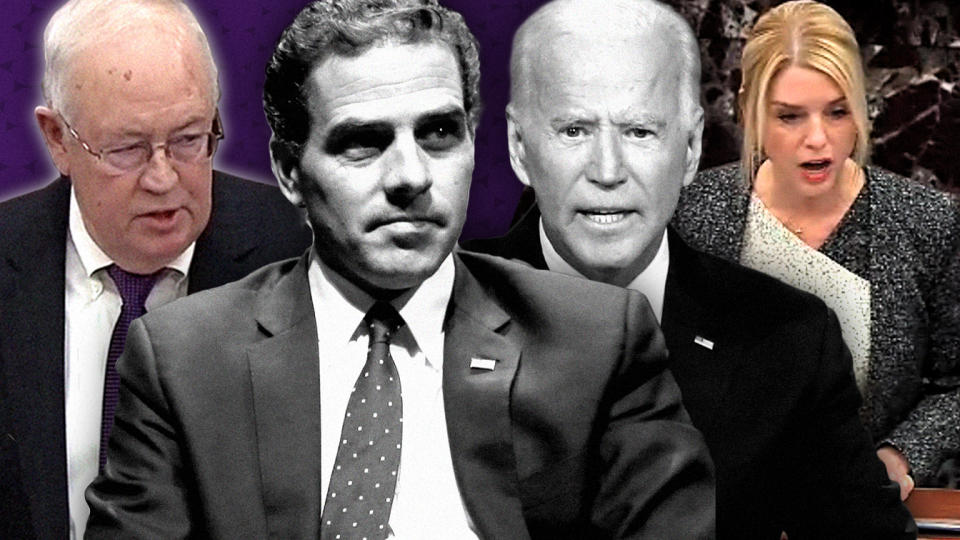 Ken Starr, Hunter biden, Joe Biden and Pam Bondi. (Photo illustration: Yahoo News; screengrab via Sentate TV via Yahoo News, AP (2),  Yahoo News; screengrab via Sentate TV via Yahoo News, AP (2))