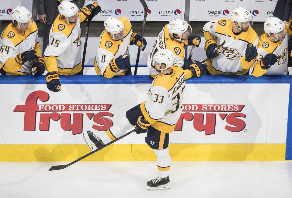 Nashville Predators' Viktor Arvidsson (33) celebrates with teammates after score a goal against the Arizona Coyotes during the second second of an NHL Stanley Cup playoff hockey game in Edmonton, Alberta, Wednesday, Aug. 5, 2020. (Jason Franson/The Canadian Press via AP)