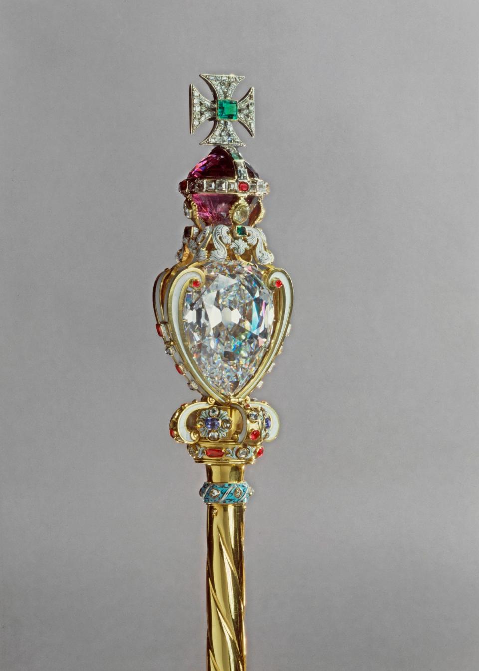 Handout photo issued by Buckingham Palace of the Sovereign’s Sceptre with Cross which will feature during the Coronation of King Charles III at Westminster Abbey (PA)