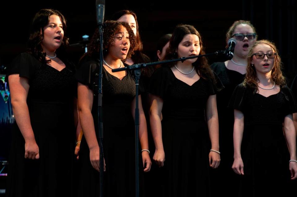 The Gautier High School choir performs during a ribbon cutting ceremony at The Sound Amphitheater in Gautier prior to KC and The Sunshine Band’s performance on Friday, April 12, 2024. Hannah Ruhoff/Sun Herald