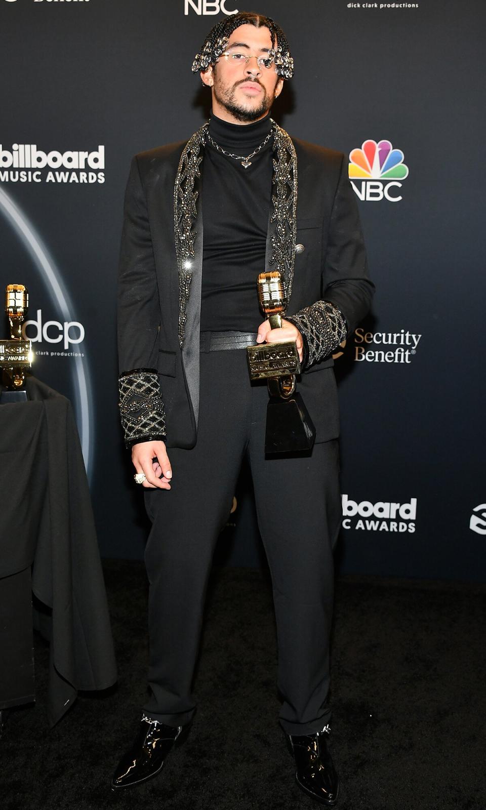 Bad Bunny poses backstage at the 2020 Billboard Music Awards, broadcast on October 14, 2020 at the Dolby Theatre in Los Angeles, CA