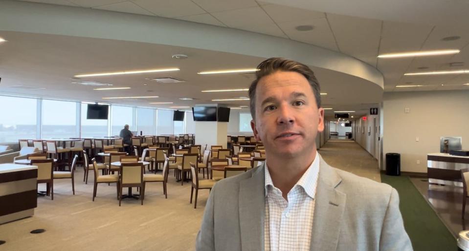 Daytona International Speedway President Frank Kelleher stands in the Rolex Lounge on the motorsports stadium's fourth level on Tuesday, Dec. 5, 2023. It is one of the many amenities that the Speedway has to offer if it were to temporarily host Jacksonville Jaguars home games in 2027.