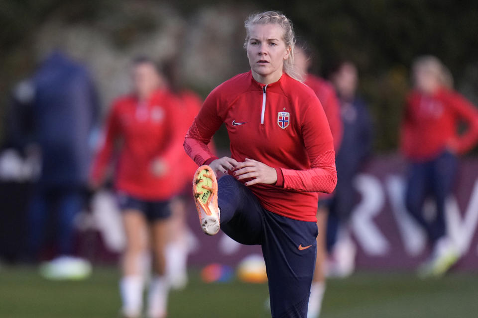 Norway's Ada Hegerberg warms up before a training session ahead of the round of 16 Women's World Cup soccer match between Japan and Norway in Wellington, New Zealand, Friday, Aug. 4, 2023. (AP Photo/Alessandra Tarantino)