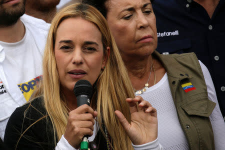 Lilian Tintori, wife of jailed Venezuelan opposition leader Leopoldo Lopez, speaks during a rally in support of political prisoners and against Venezuelan President Nicolas Maduro, outside the military prison of Ramo Verde, in Los Teques, Venezuela April 28, 2017. REUTERS/Marco Bello
