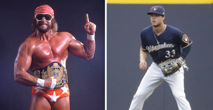 Macho Man Randy Savage and Brewers rookie Brett Phillips. (WWE, AP)