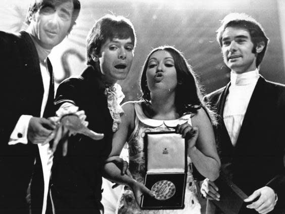 Cliff Richard with the winner of the 1968 Eurovision Song Contest, Spain’s Massiel, with her song’s composers Manuel De La Calva and Ramon Arcusa (Roger Bamber/ANL/Rex)