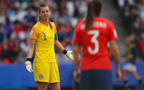 Claudia Endler of Chile reacts to Carla Guerrero during the 2019 FIFA Women's World Cup France group F match between USA and Chile - Credit: GETTY IMAGES