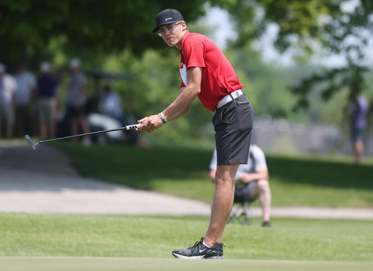 ADM's Easton Korell watches his shot during the Class 3A boys state golf championship at Veenker Golf Course Tuesday, May 23, 2023, in Ames.