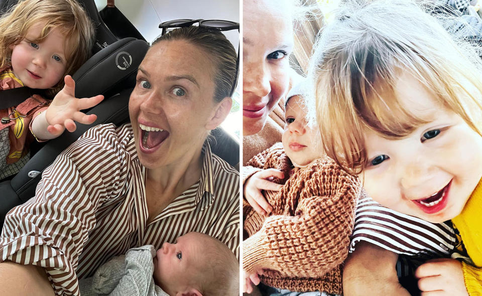 Two selfies of Edwina Bartholomew and her two children