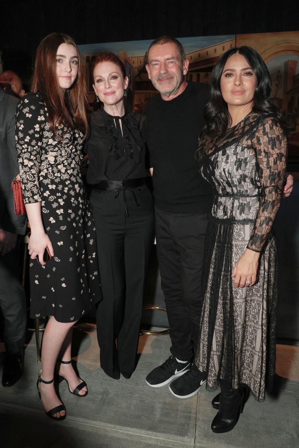 Liv Freundlich, Julianne Moore, Tomas Maier, and Salma Hayek Pinault