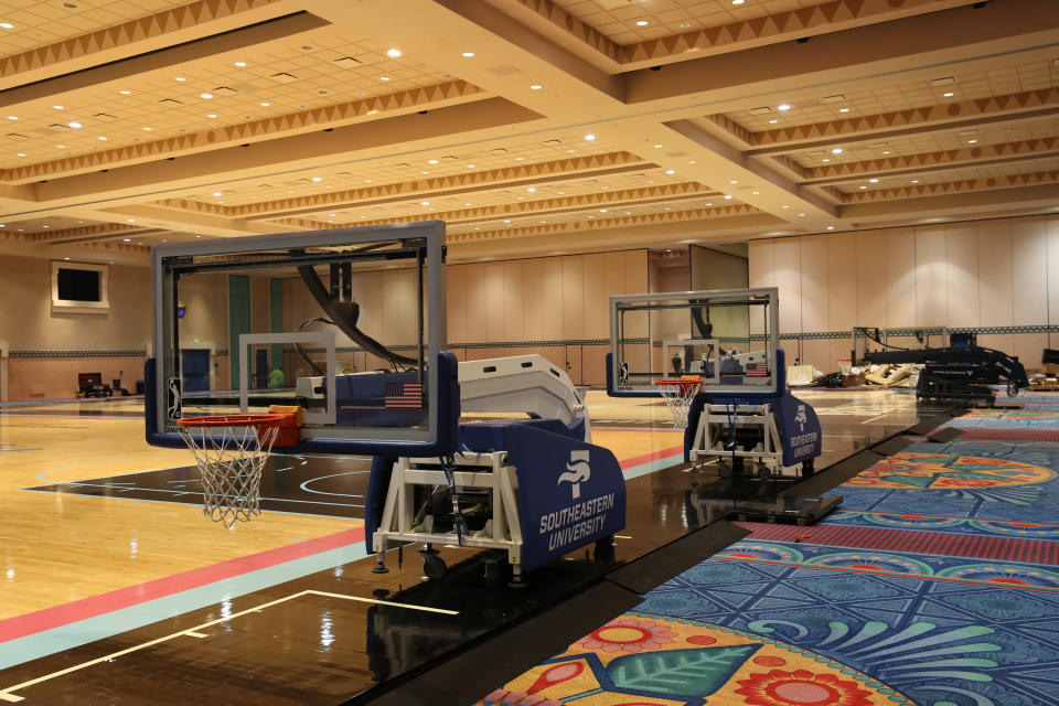 A general overall view of the installation of the practice courts as part of the NBA Restart 2020 on July 1, 2020 in Orlando, Florida.