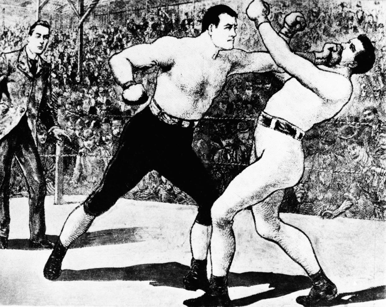 This drawing shows fight action between heavyweight Jim Corbett, left, and John L. Sullivan in New Orleans in 1892. Sullivan, champion for more than a decade, was defeated by Corbett in the first fight fought with padded gloves, $100 ringside seats and a purse of $25,000 with side bets of $10,000. (AP Photo)