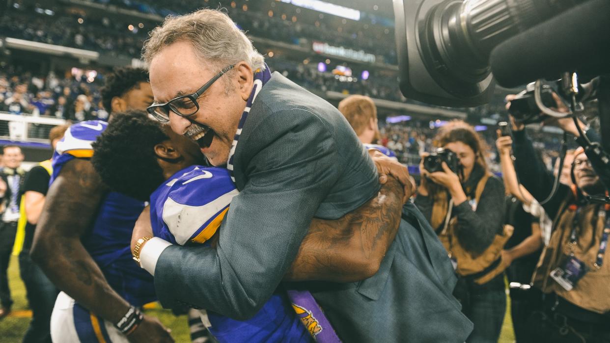 Stefon Diggs and Zygmunt 'Zygi' WilfNew Orleans Saints at the Minnesota Vikings, Minneapolis, USA - 14 Jan 2018Minnesota Vikings wide receiver Stefon Diggs (L) hugs Minnesota Vikings owner Zygmunt 'Zygi' Wilf (R) after defeating the New Orleans Saints during the NFC Divisional Playoffs at US Bank Stadium in Minneapolis, MN.